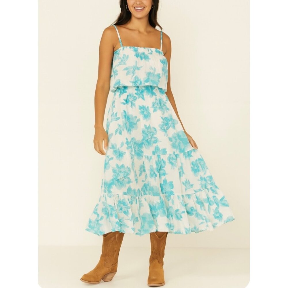 Women’s Blue Floral Hawaiian SunDress  Size S Tiered Maxi Spaghetti Strap Festiv